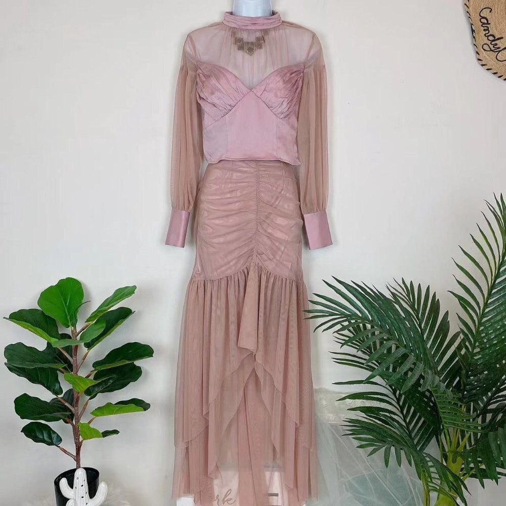 Bellevue the Label Lucie Mixed Media Long Sleeve Satin Blouse and Mesh Skirt Set - Picture 3 of 6